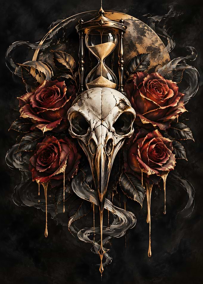 Gothic Bird Skull and Hourglass Art