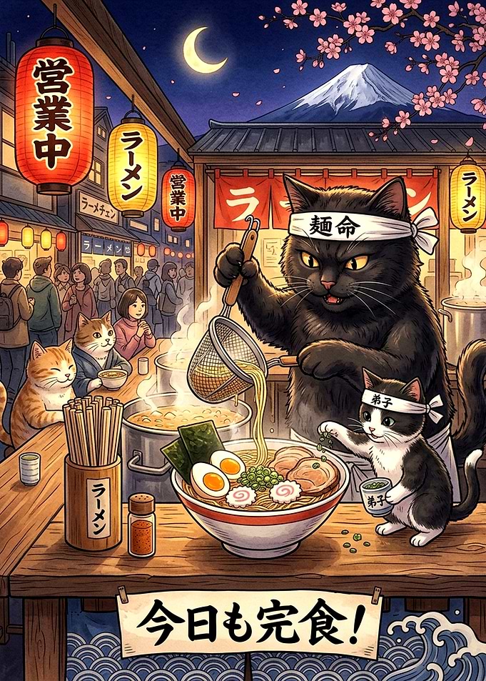 Cats Cooking Ramen at Night Market
