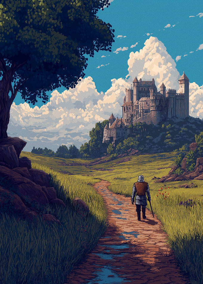 Knight walking toward a distant castle