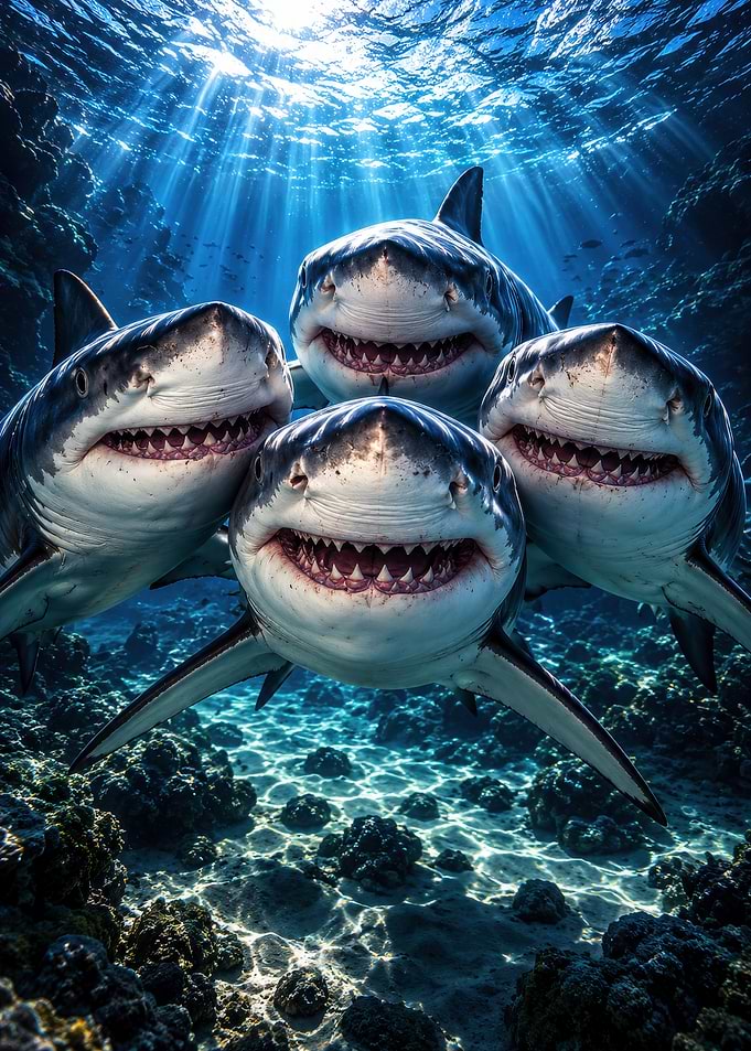 Four Great White Sharks Underwater