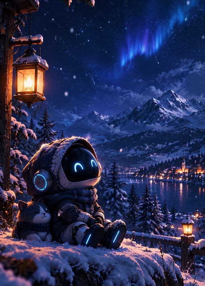 Robot and Cat Watching Aurora