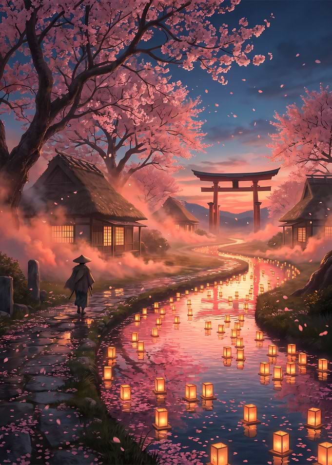 Samurai Walking Through Cherry Blossom Village