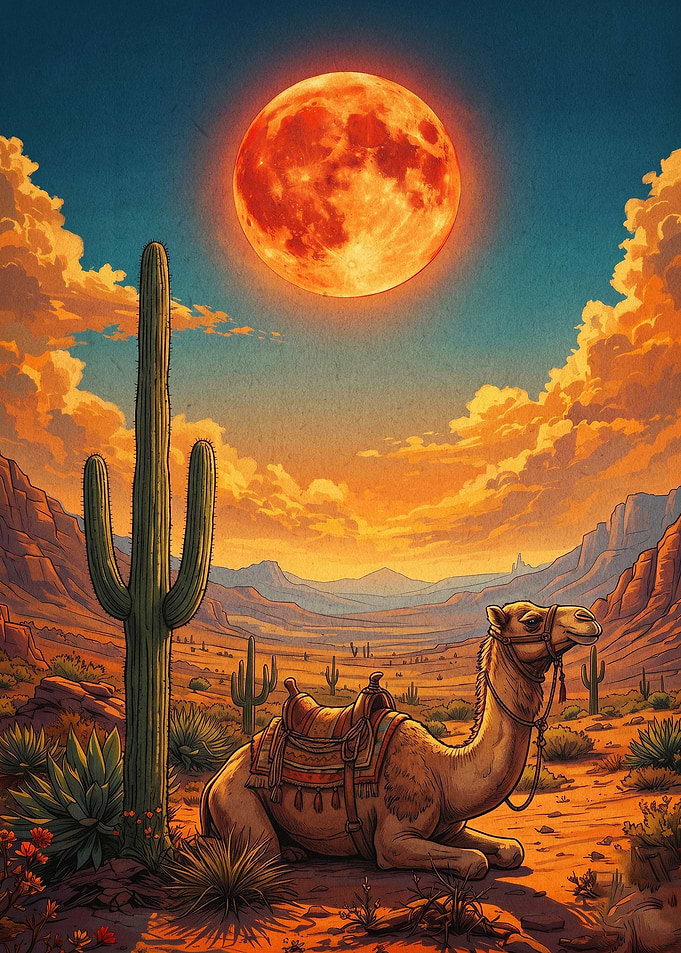Desert Camel Cactus Moon Art