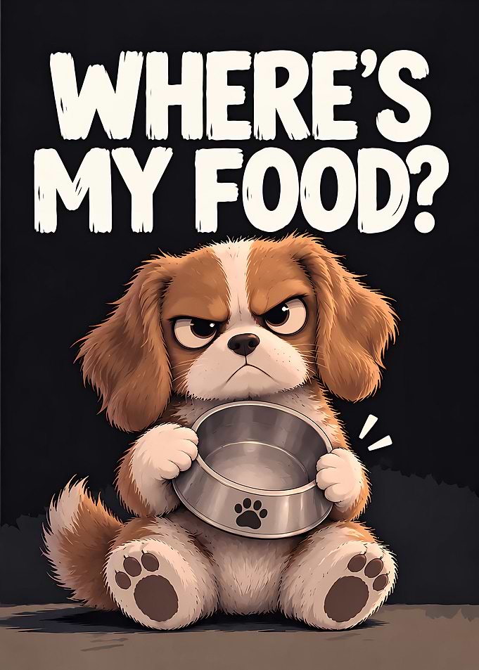 Angry Puppy Holding Empty Food Bowl
