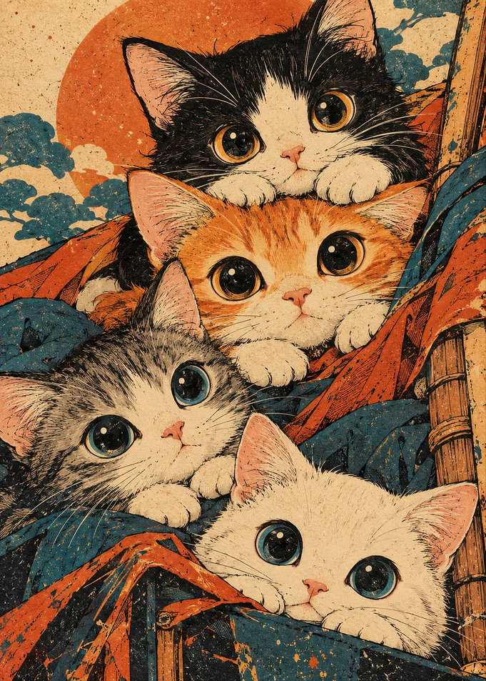 Four Cute Kittens Japanese Art Style