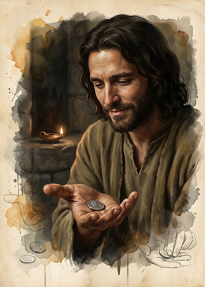 Jesus Holding a Silver Coin
