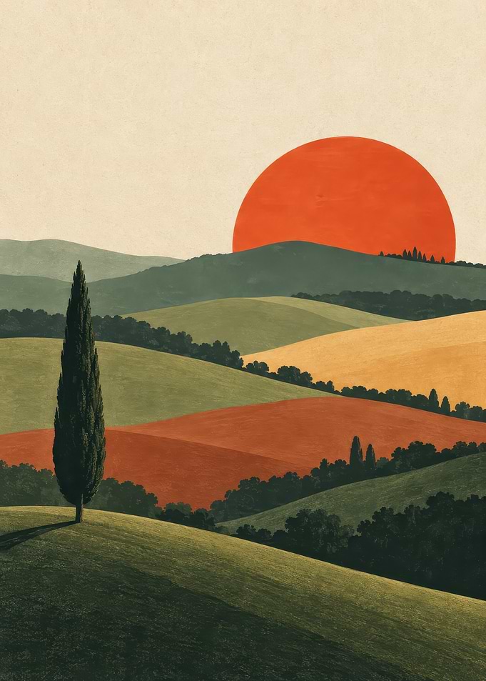 Minimalist Tuscan Landscape with Cypress Tree