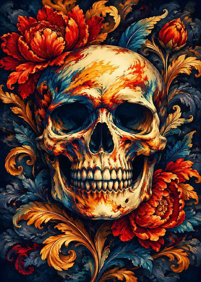 Ornate Skull with Vibrant Floral Accents