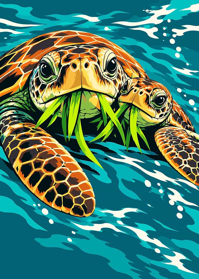 Sea Turtles Eating Seagrass Illustration