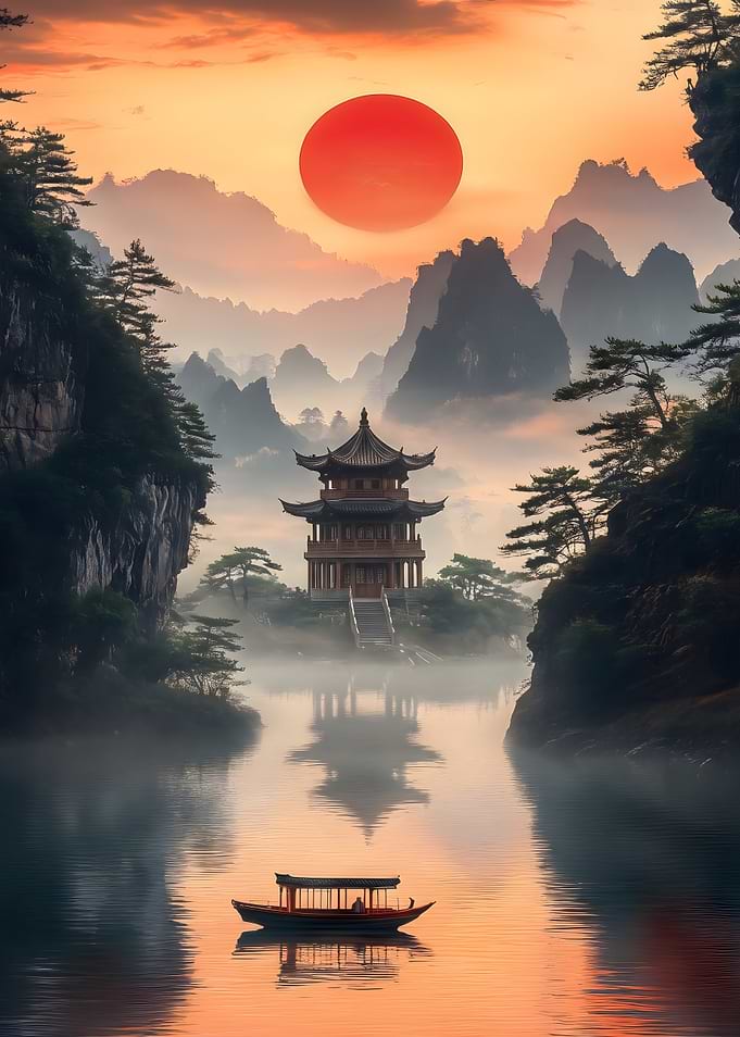 Pagoda at Sunset Over Misty Lake