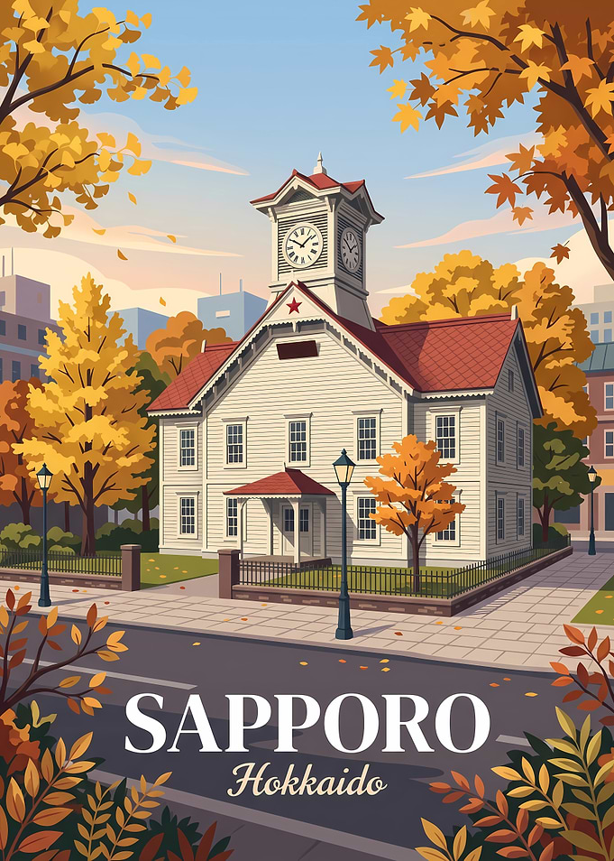 Sapporo Clock Tower Autumn Travel Poster