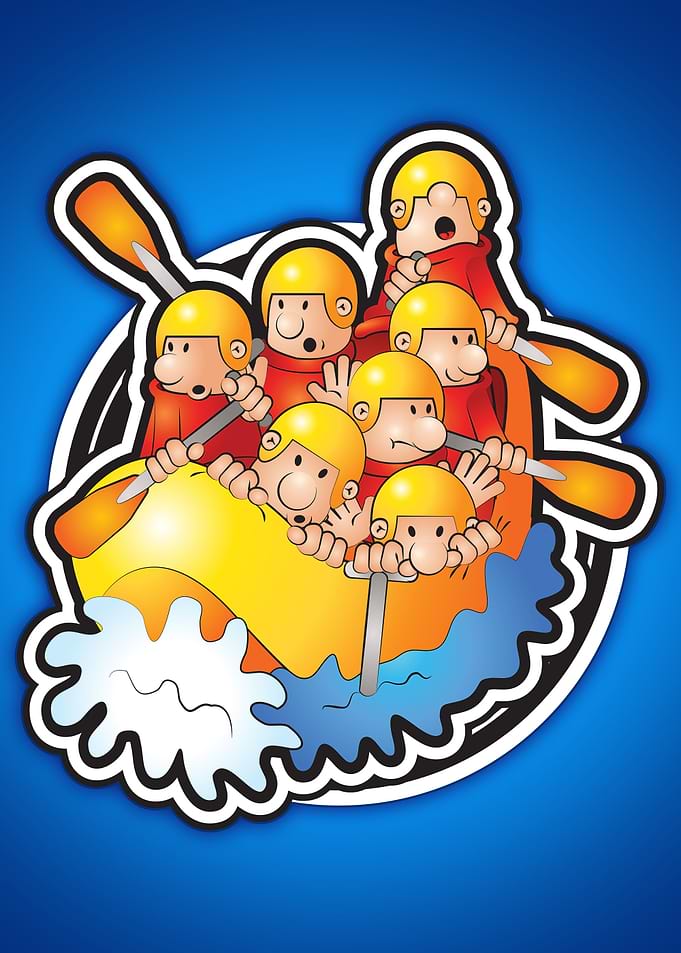 Kayak Capers - Cartoon Rafting Team Illustration