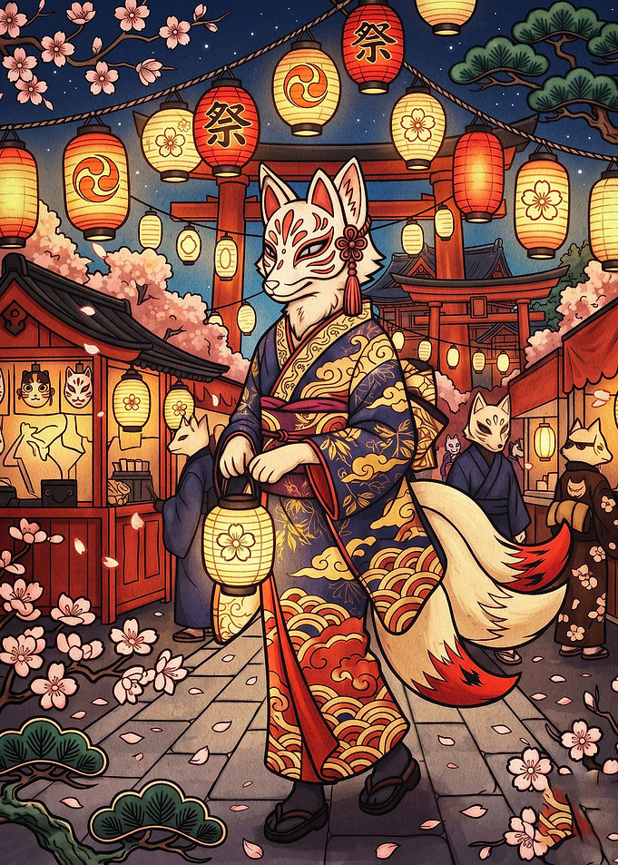 Kitsune Festival Kimono Japan Art