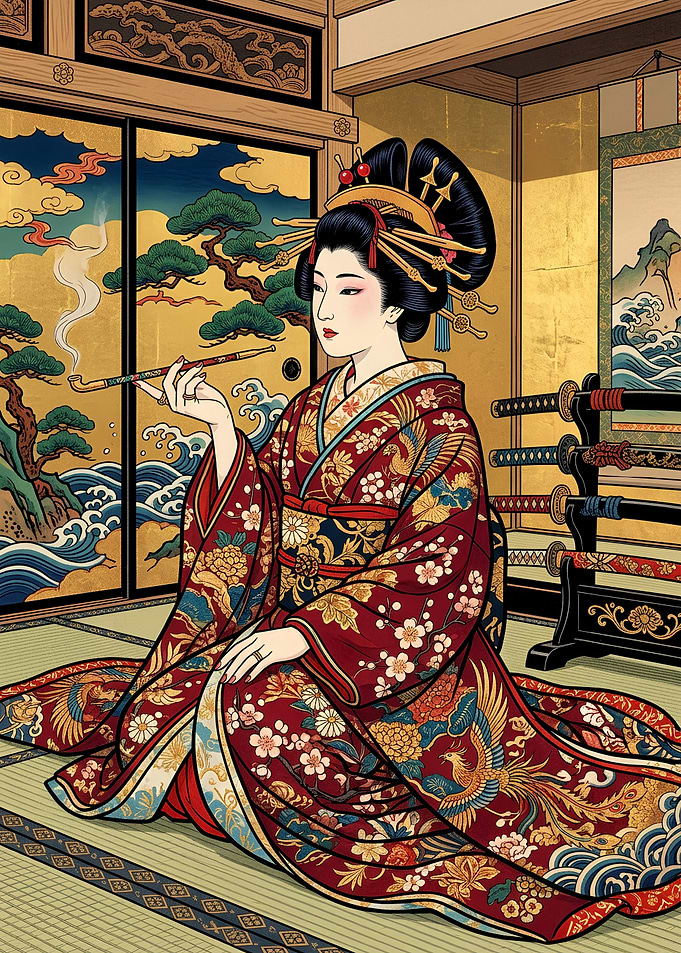 Elegant Geisha with Kiseru Pipe