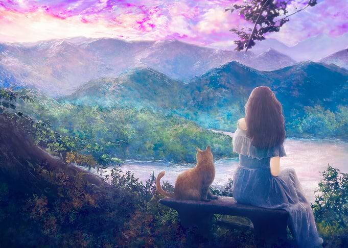 Girl and Cat Watching Sunset
