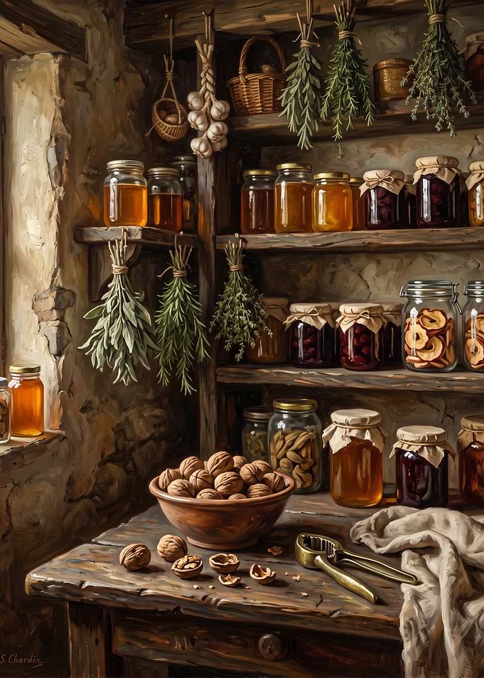 Rustic Pantry with Preserves and Walnuts