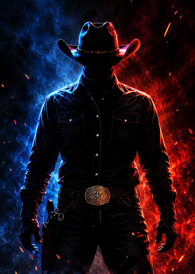 Mysterious Cowboy in Red and Blue