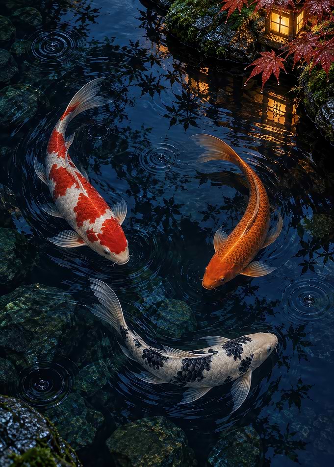 Three Koi Fish in Garden Pond