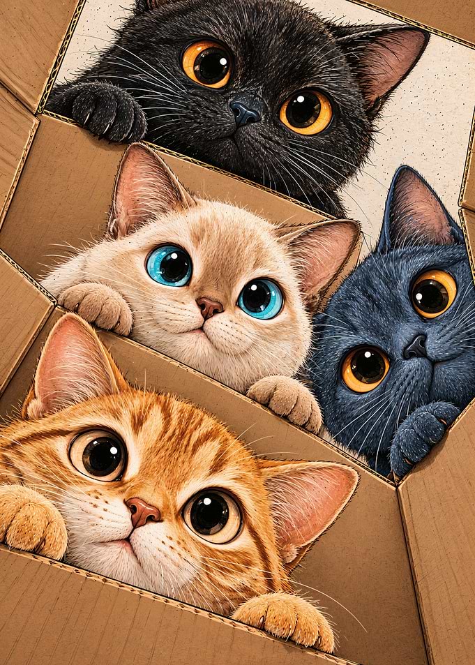 Four Cute Kittens in Cardboard Boxes