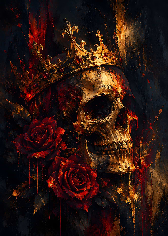 Gothic Skull with Crown and Roses