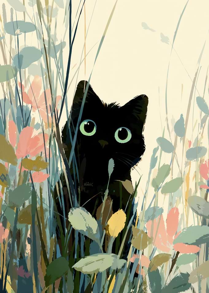 Black Cat Hiding In Wildflower Meadow Grass