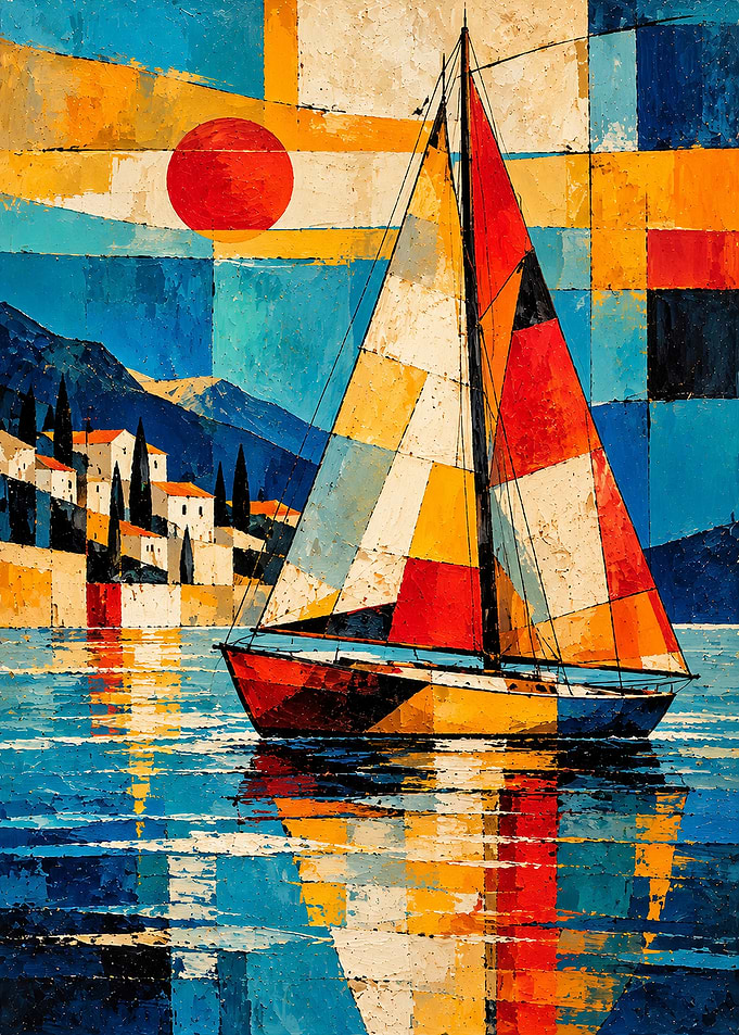 Abstract Sailboat on Mediterranean Coast