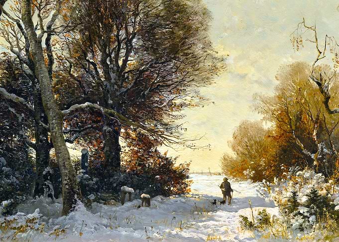 Winter Landscape with Hunter by Joseph Wenglein Snow Painting