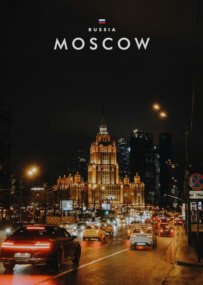 Nighttime Moscow Cityscape Travel Poster