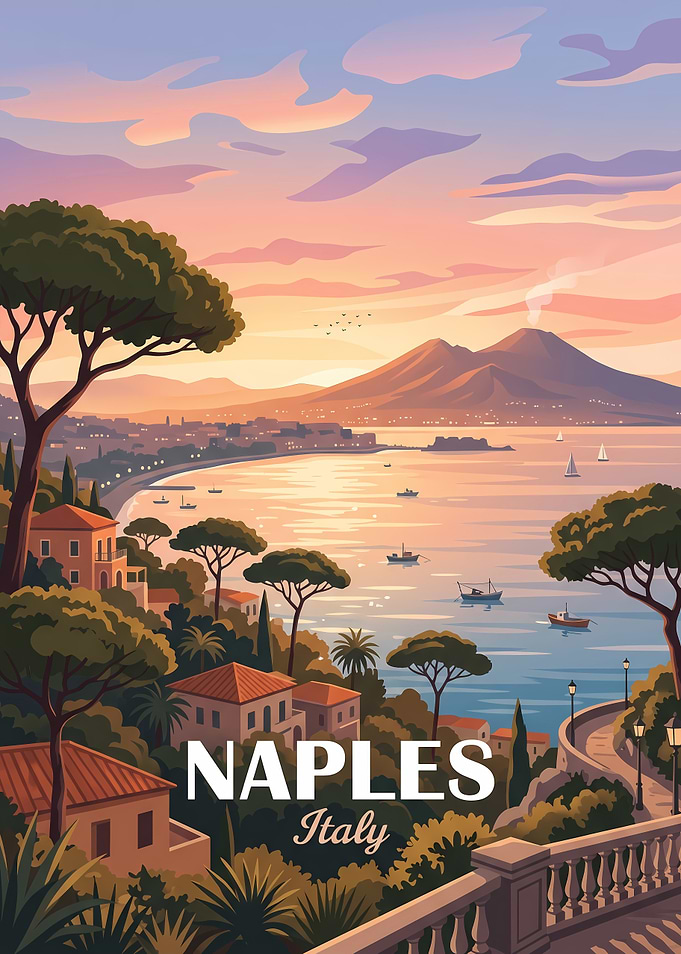 Naples Italy Sunset Travel Poster