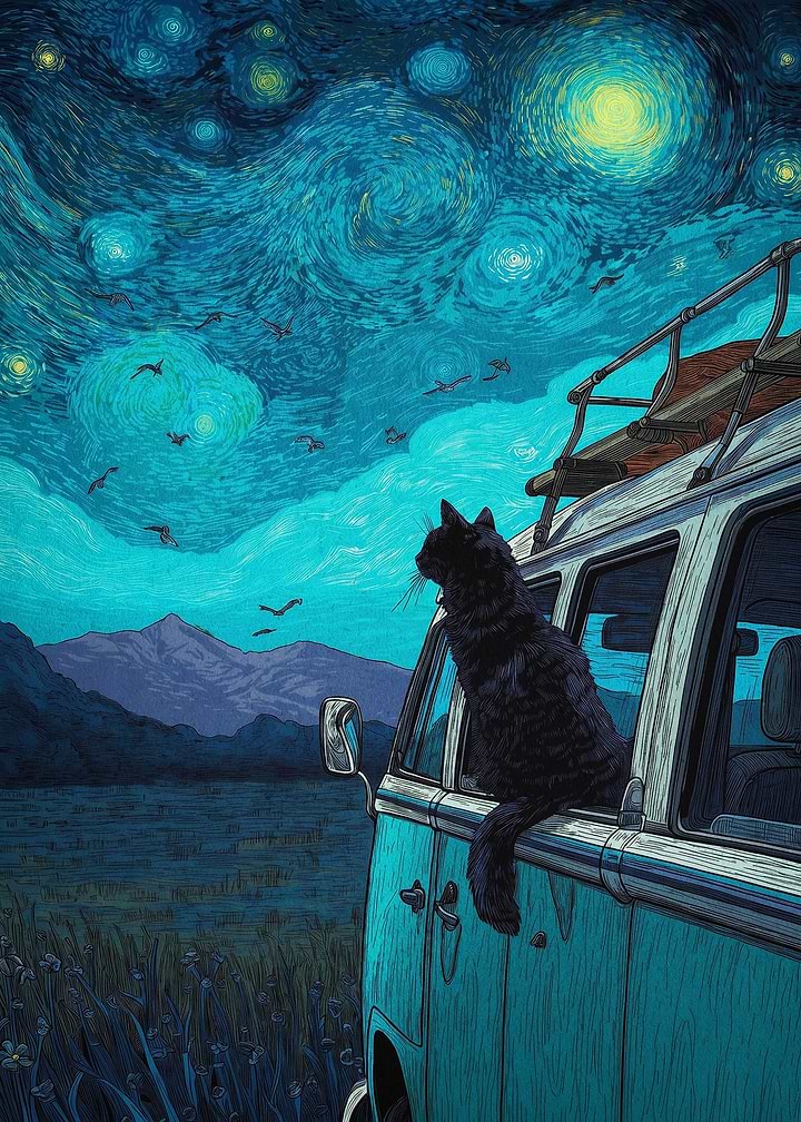 Starry Night Cat Van Art