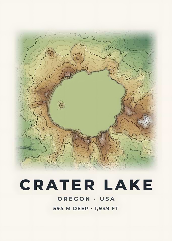 Crater Lake Topographic Map Color Relief Poster