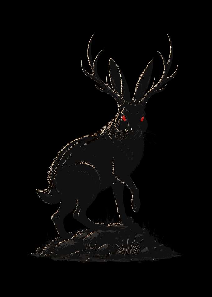 Dark Jackalope with Glowing Red Eyes