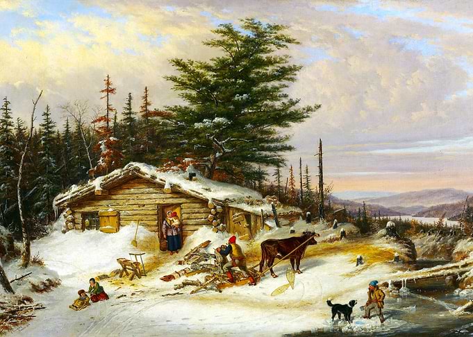 Settler's Log House by Cornelius Krieghoff Winter Snow Landscape Painting