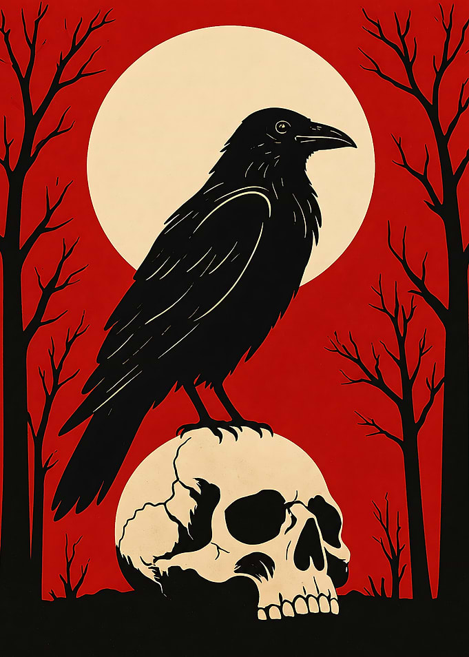 Raven Perched on Skull Illustration