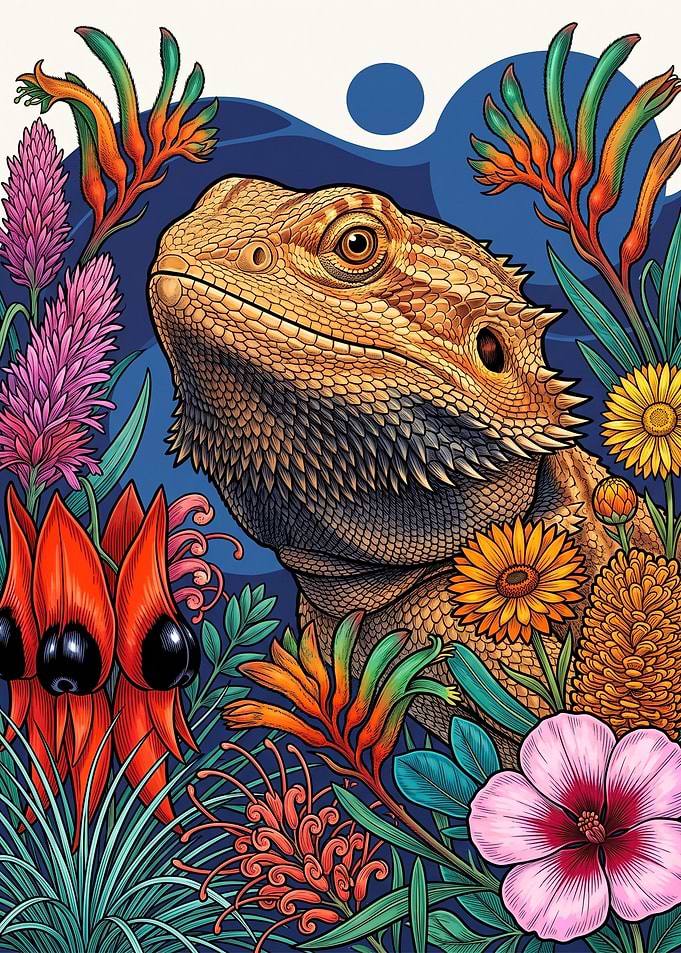 Bearded Dragon Among Australian Wildflowers