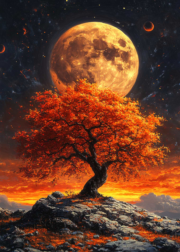 Fiery Autumn Tree Under Giant Moon