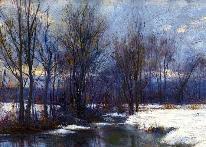 Winter Trees with River Snow Landscape Painting