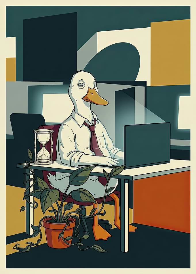 Tired Office Duck Working Late