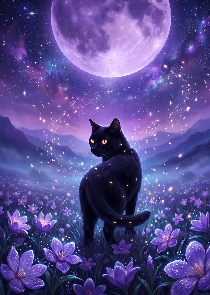 Black Cat in Purple Flower Field