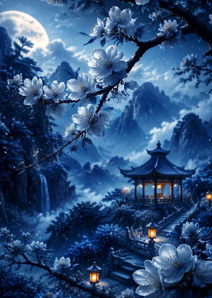 Moonlit Cherry Blossom Temple Landscape