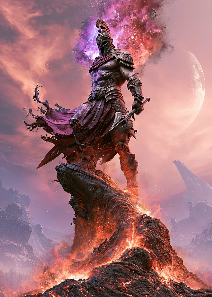 Spartan Warrior Standing on Lava Peak