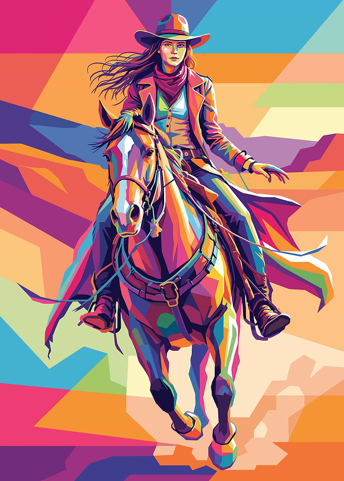 Colorful Pop Art Cowgirl Riding Horse