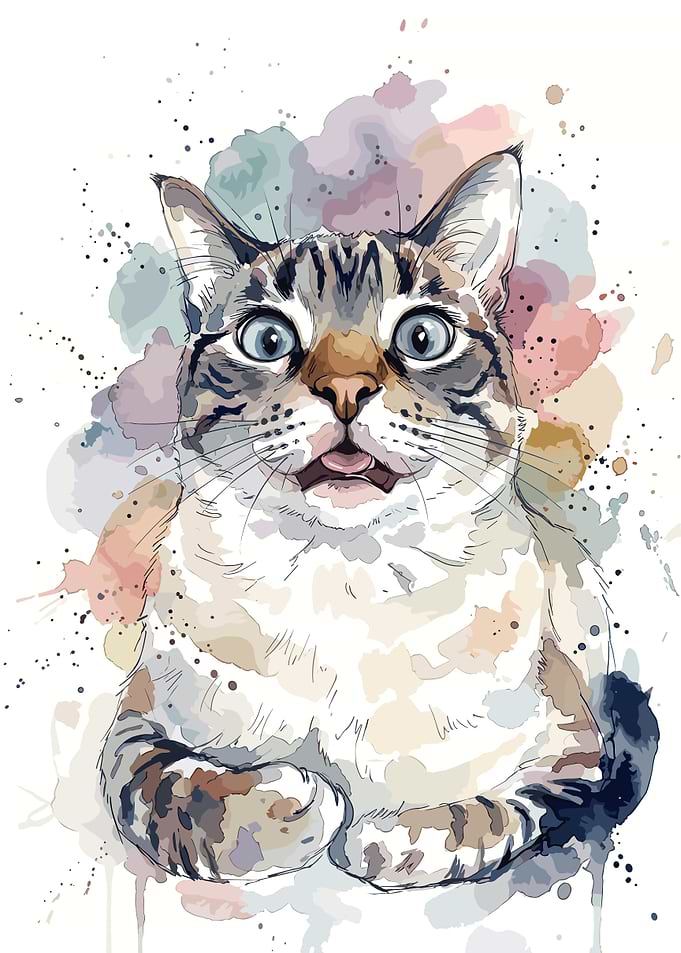 Watercolor Illustration of a Surprised Cat