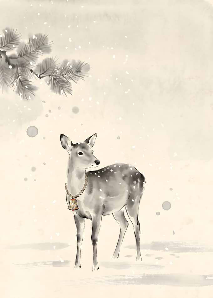 Winter Deer Japanese Wall Art Sumi-e Painting