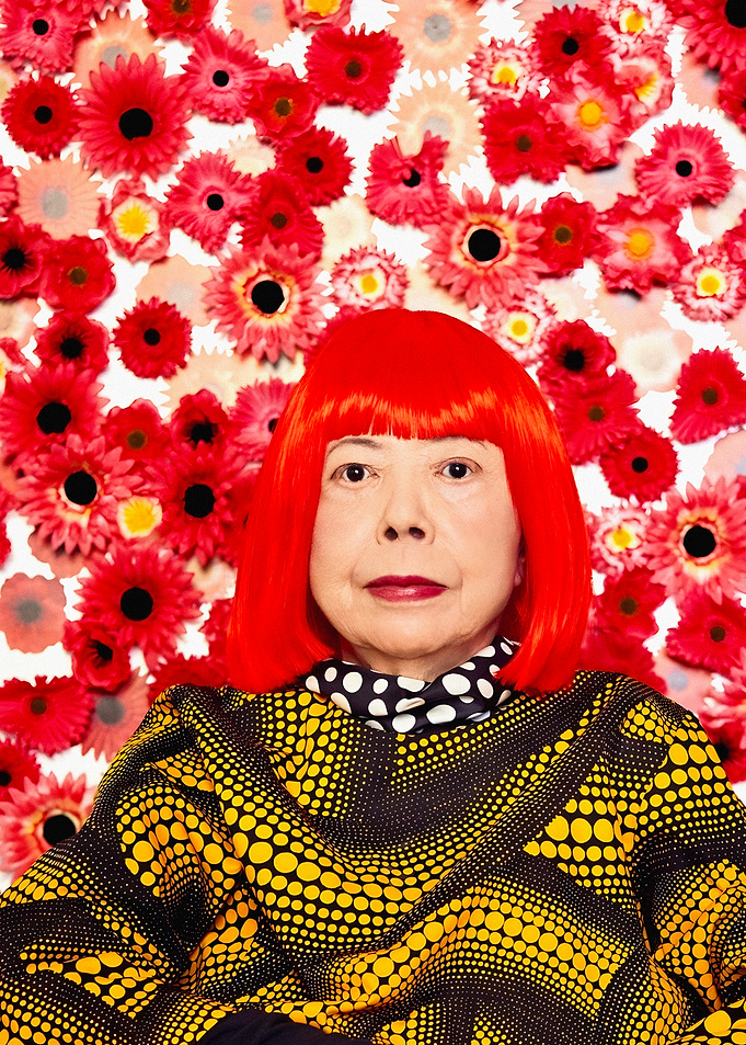 Yayoi Kusama Portrait with Floral Background