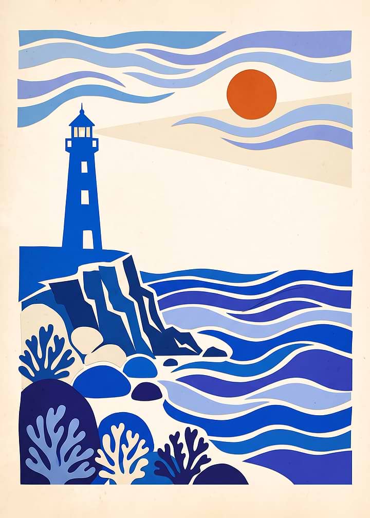 Modernist Coastal Lighthouse and Coral Matisse Style Paper Cut Art
