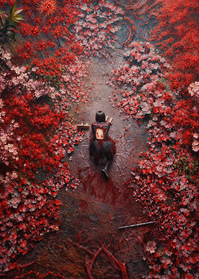Dark Anime Girl in Red Flowers