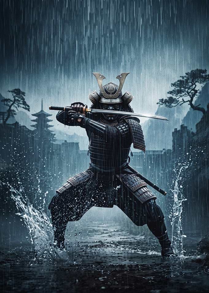 Samurai Rain Warrior Dark Art Poste
