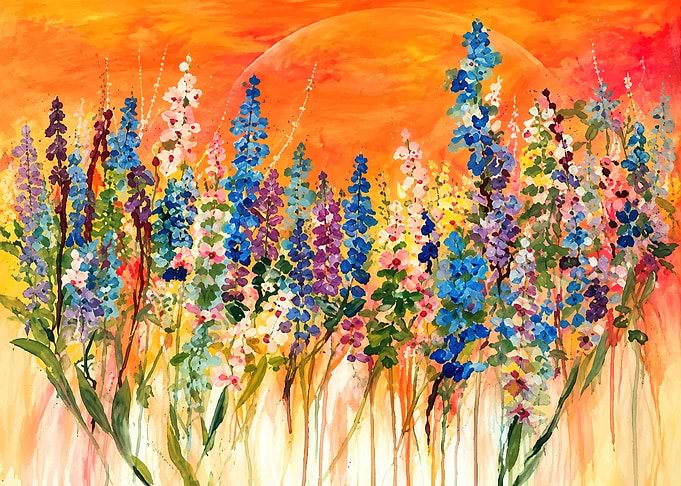 Vibrant Wildflowers Against Sunset Sky