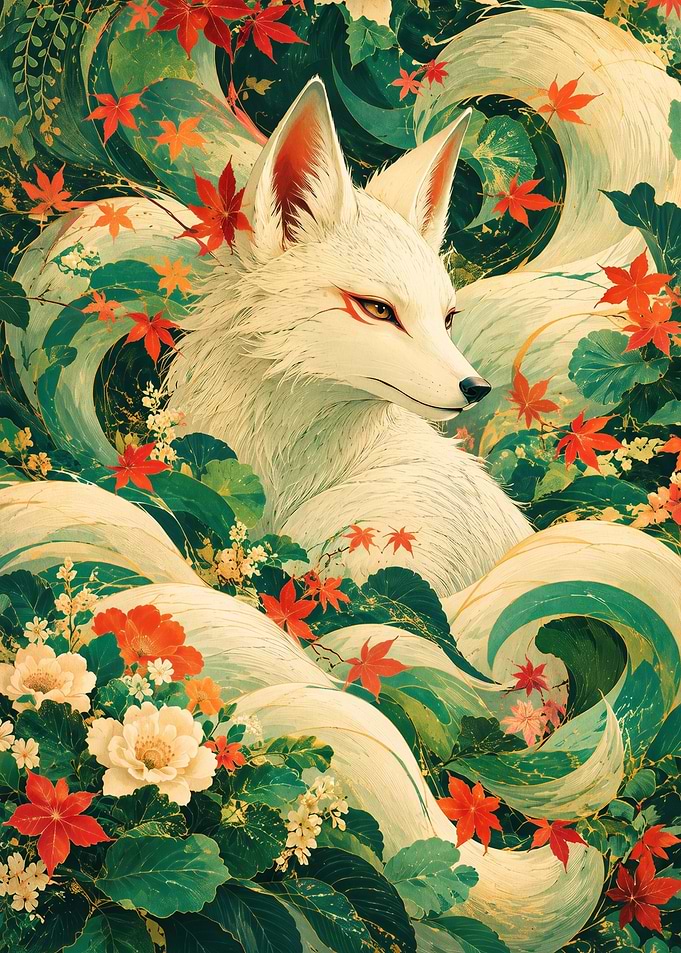 White Kitsune in Autumn Garden